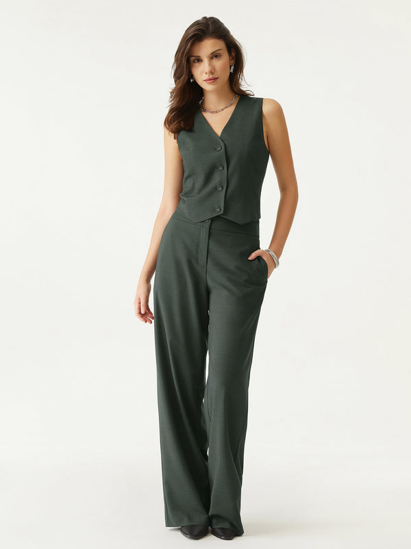 2Pcs Set Button Down Vest & High Waisted Straight Leg Suit Pants
