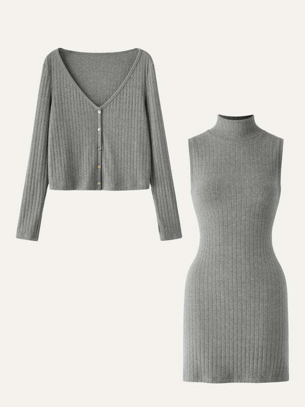 2Pcs Set Wide Rib Cardigan & Sleeveless Mock-Neck Mini Dress Heather Grey